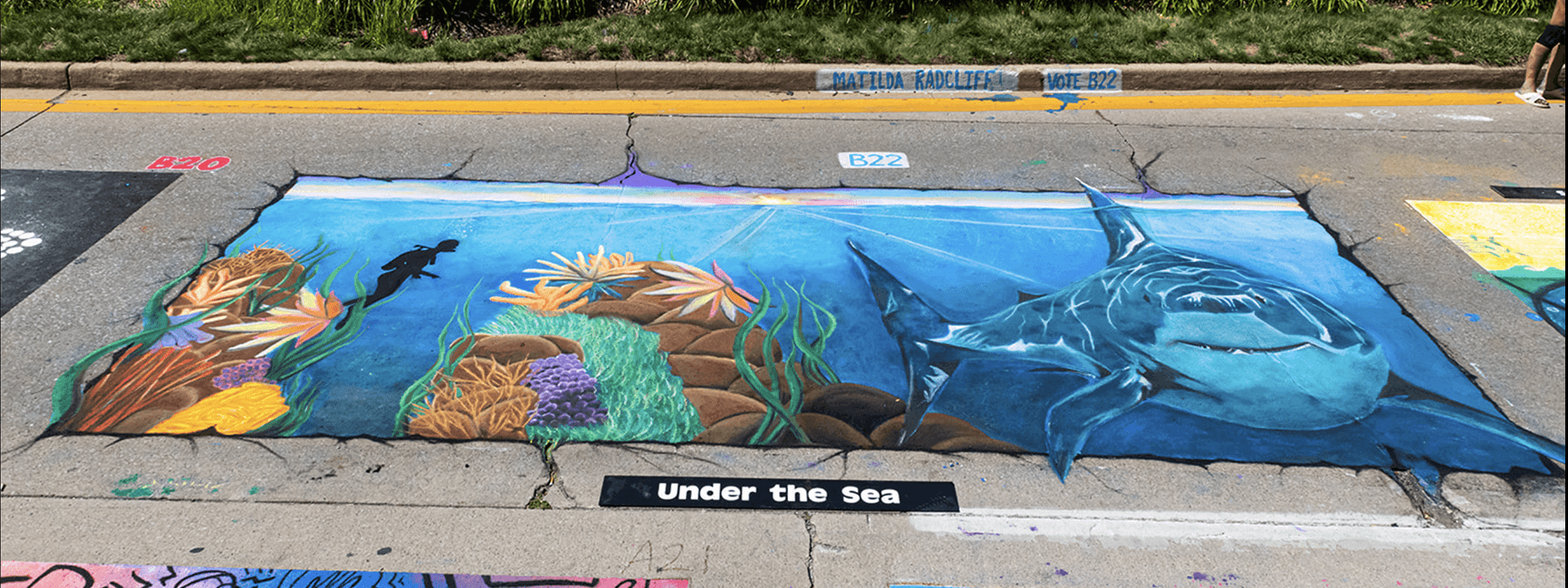 Chalk drawing of a shark on a city street