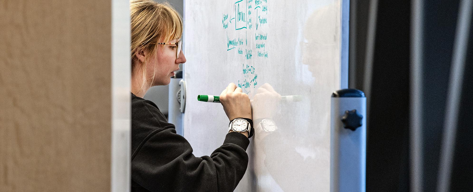 Student writing formulas on a whiteboard. 