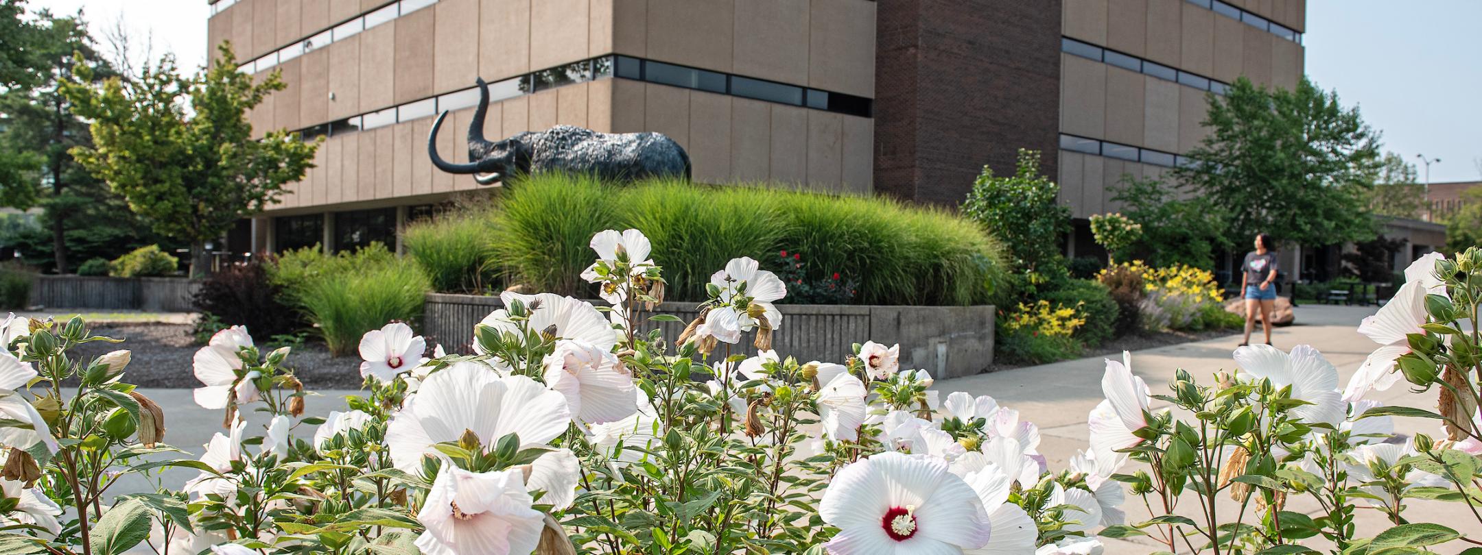 Mastodon statue in the spring.