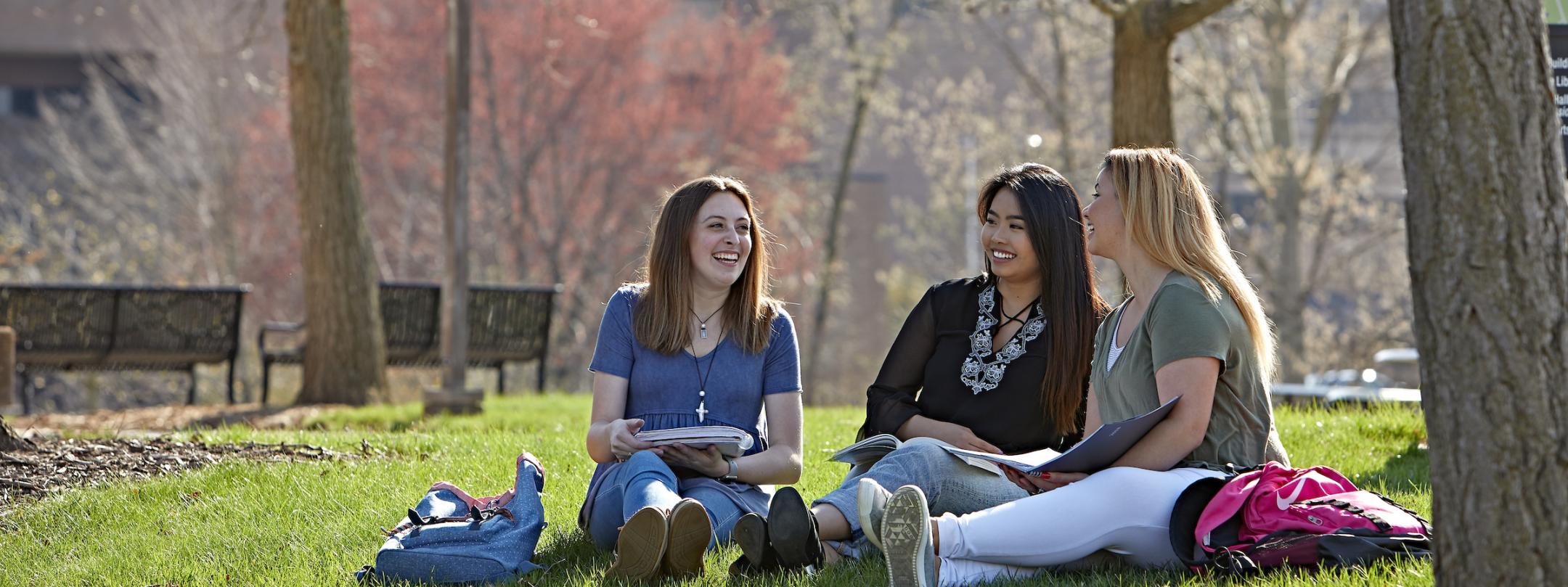 Students sitting on a lawn.