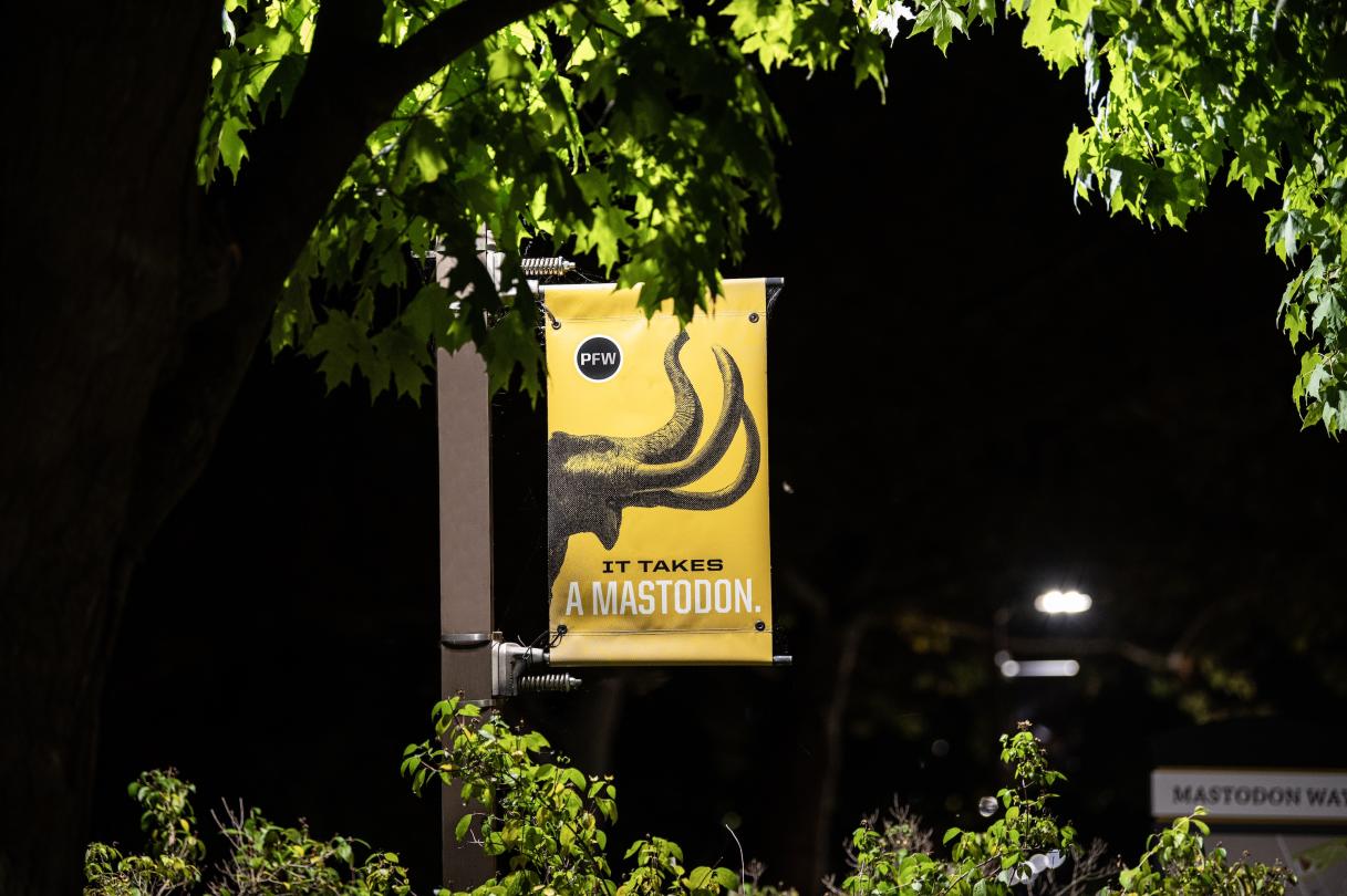 University-branded Pole Banner at Night