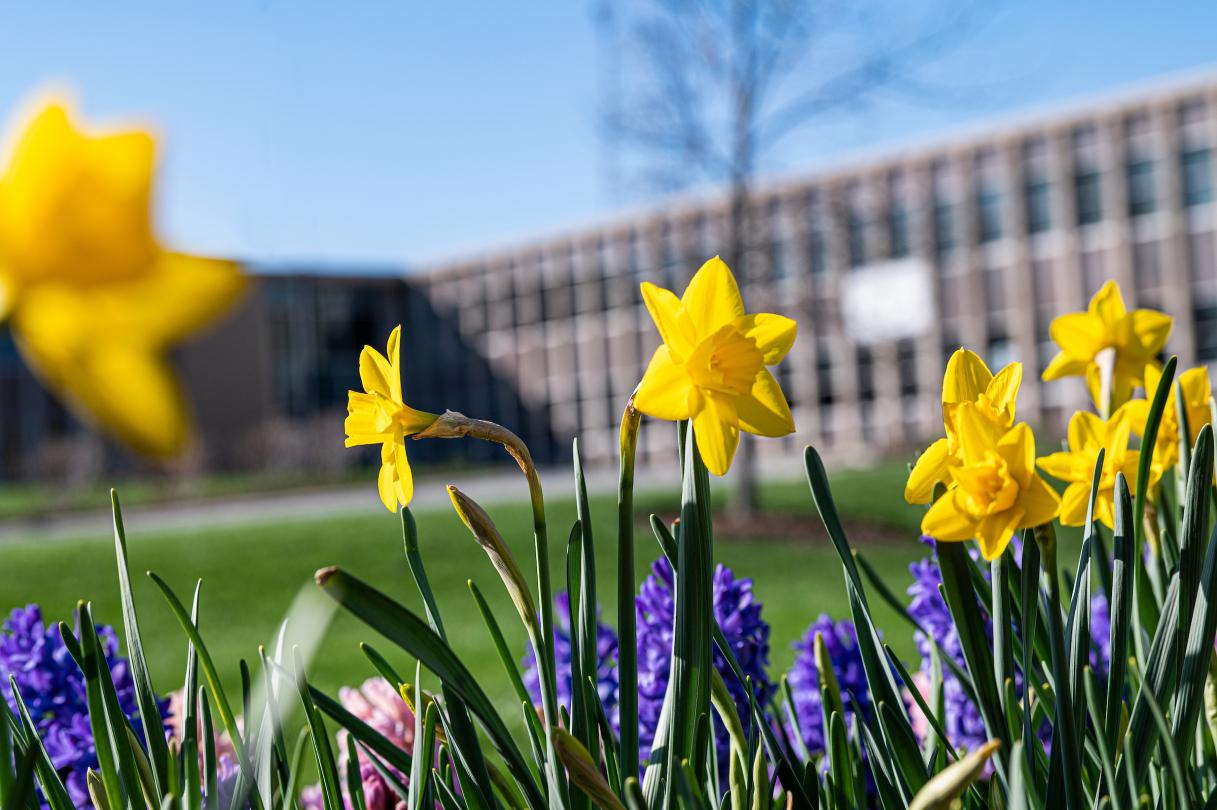 PFW Kettler Hall with flowers in bloom.