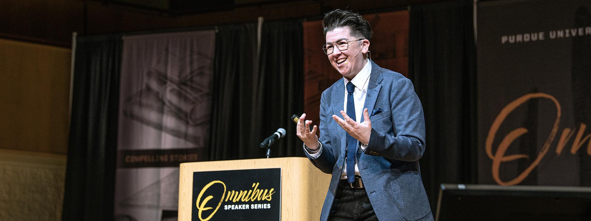 V Spehar addresses the audience during an Omnibus presentation