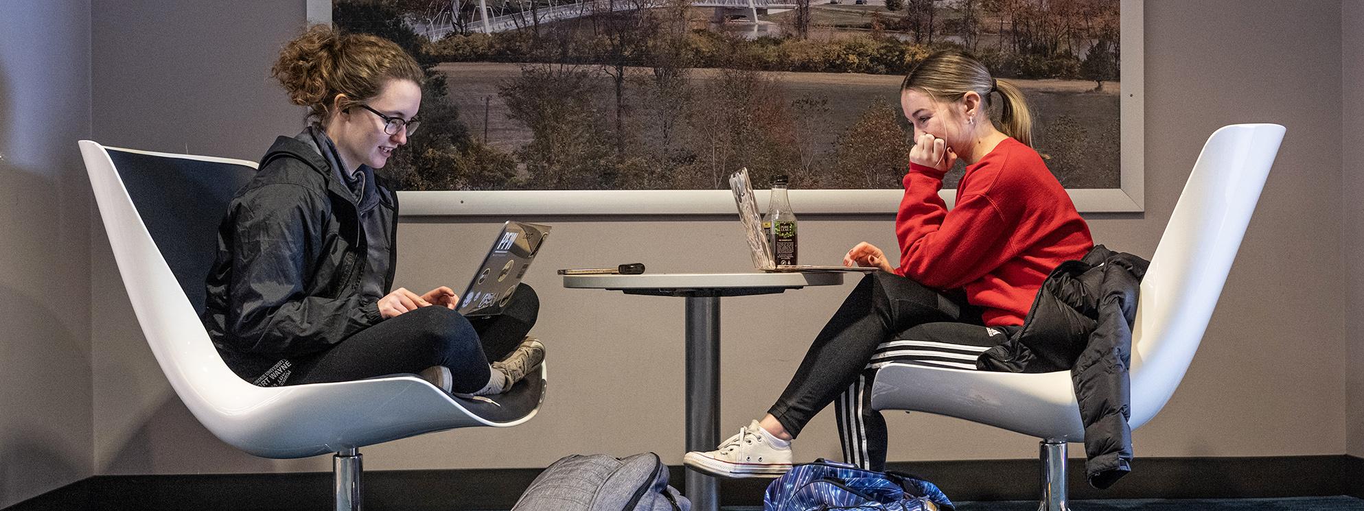 Two students study together with laptops