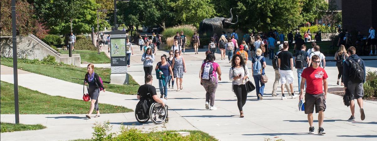 Students fill Mastodon Way when classes are over.
