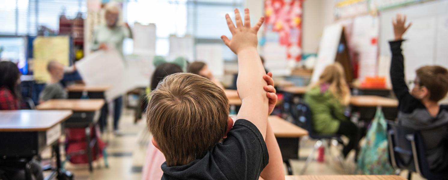 Student raises hand in a student teaching classroom.