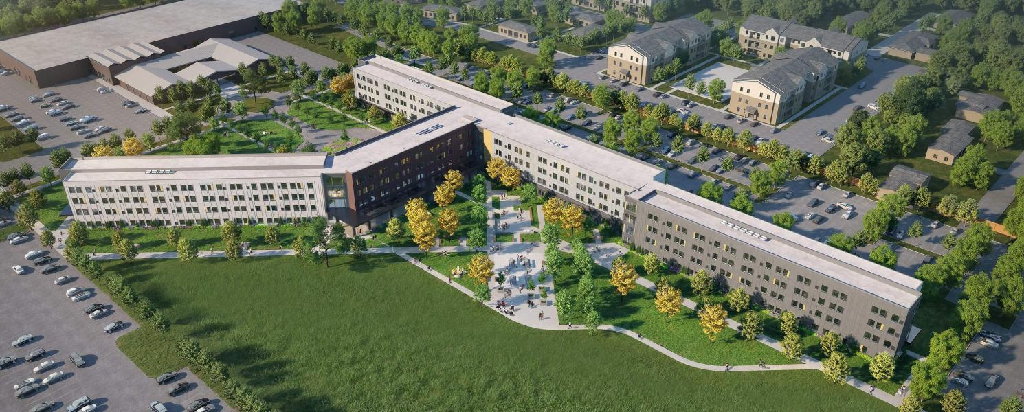 Student housing rendering, aerial view