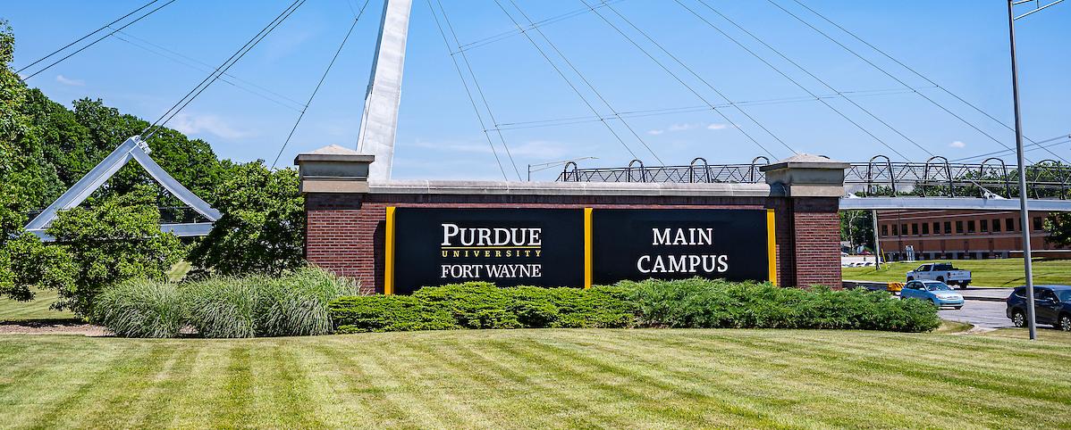 Main campus PFW sign on Coliseum.