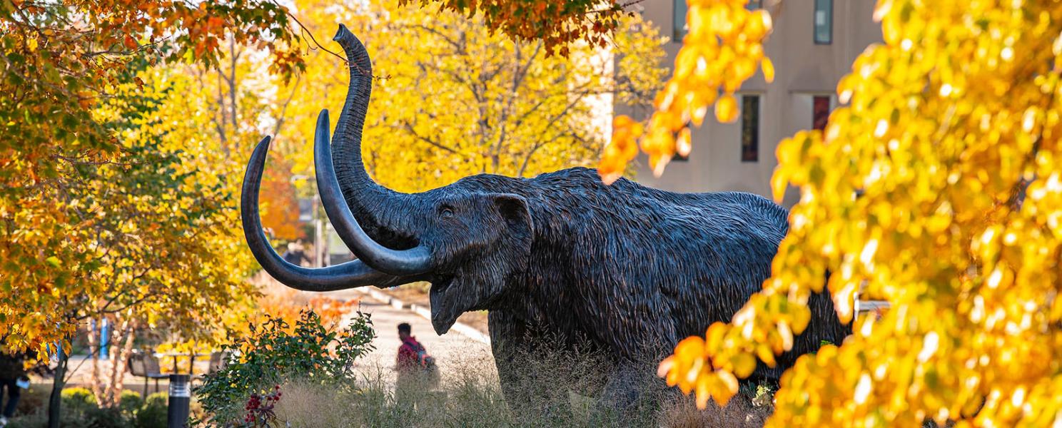 Mastodon statue surrounded by gold leaves