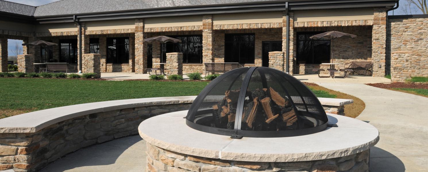 Fire pit outdoor space at the PFW Alumni Center.