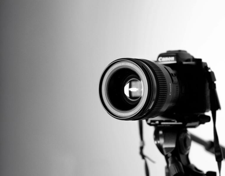 black and white photo of a camera