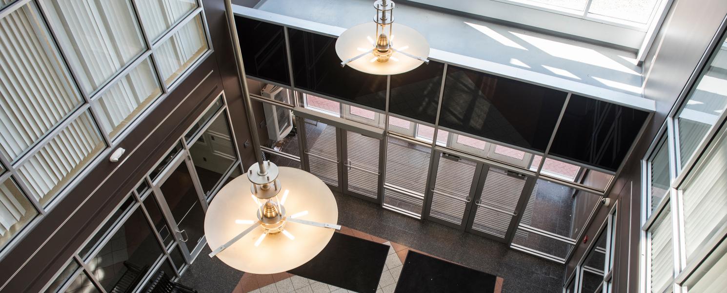 The foyer of the Doermer School of Business building.