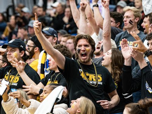 Students cheer on the basketball team in the stands.
