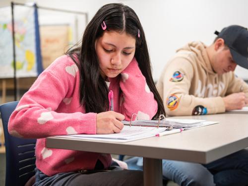 Students in a history class take notes while studying.