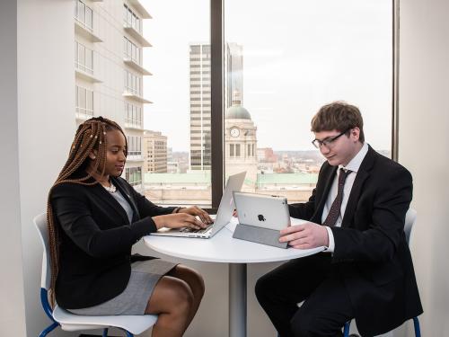Student working at her internship.