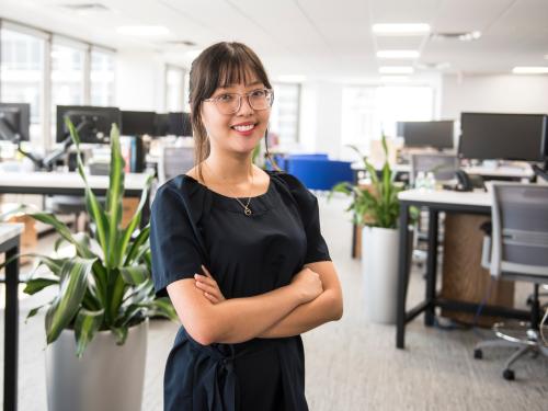 Student working at her internship.