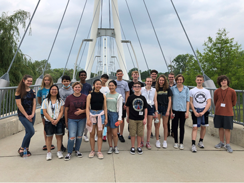 Students standing on bridge