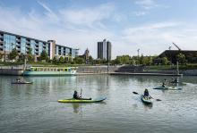 Students kayaking on the St. Mary's River in downtown Fort Wayne