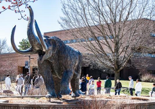 Mastodon and students on Spring Campus Visit Day.