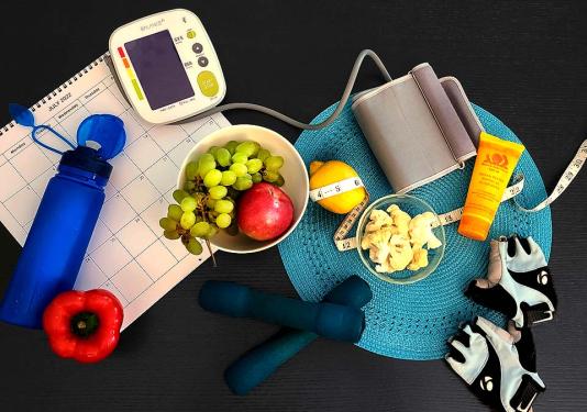 Healthy Habits: Exercise, Hydration, Fruits, Vegetables, Sunscreen, Blood Pressure Cuff