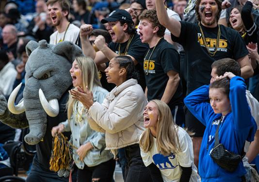 student fans are cheering at a basketball game