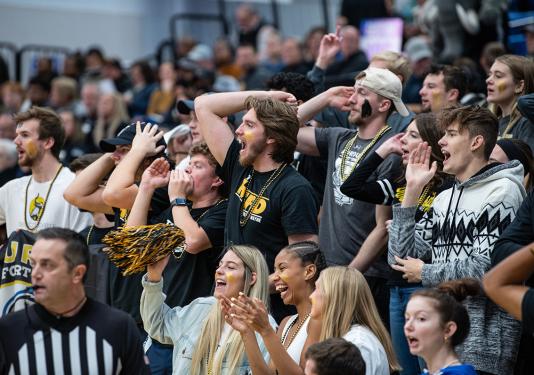 Members of The Herd cheer at a basketball game