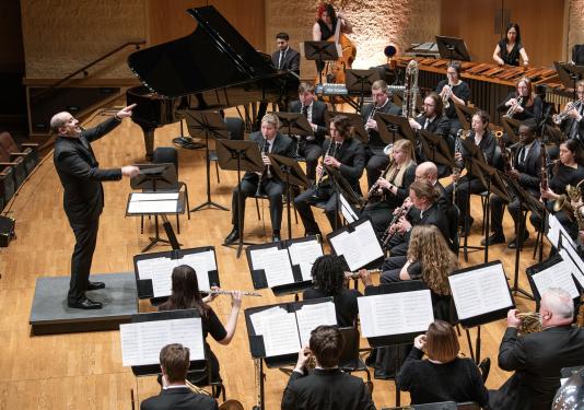 The PFW Symphonic Wind Ensemble is onstage in Auer Performance Hall.