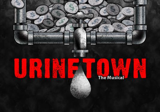 urinetown the musical poster, pipes and pennies with big title