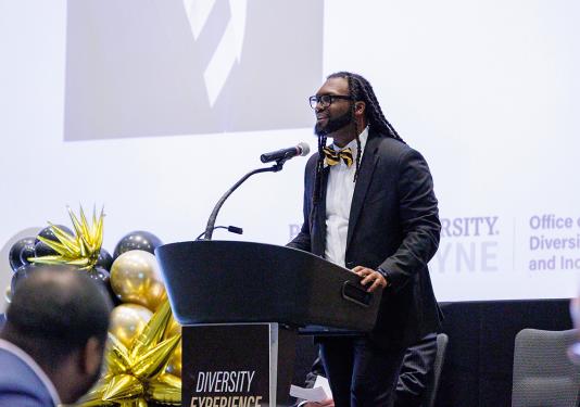 MarTeze Hammonds, PFW's chief diversity officer, is addressing an audience.