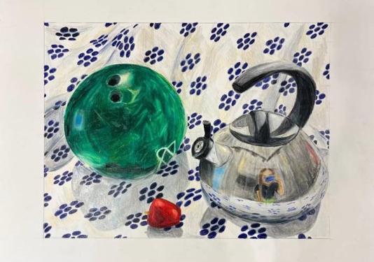 Artwork featuring a tea kettle and bowling ball