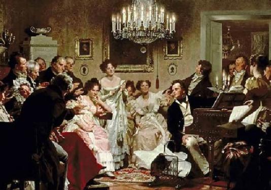 Old painting of people gathered in small room singing