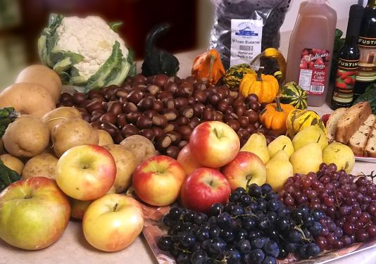 Fall harvest of apples, potatoes, butternut squash, chestnuts, pears, apple cider, and more.