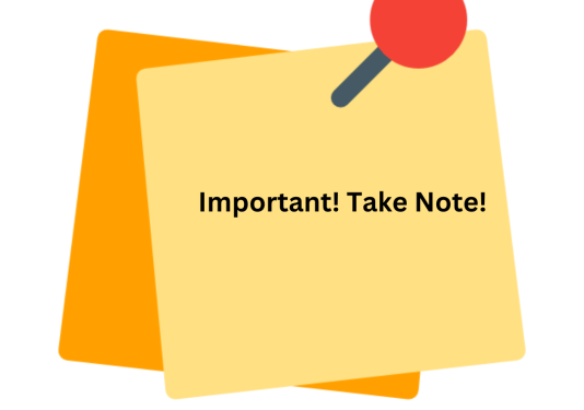 Two post it notes that are yellow with a red push pin.  The note states - "Important! Take Note!"