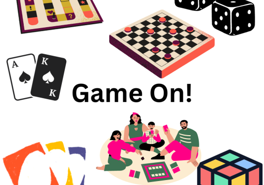 A picture with various types of games on it such as dice, playing cards, uno cards, a rubix cube, and a group of people sitting and playing a game.