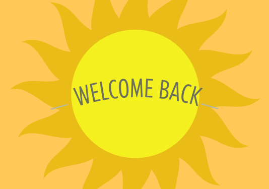 An orange background with a bright yellow sun with the words Welcome Back in the middle