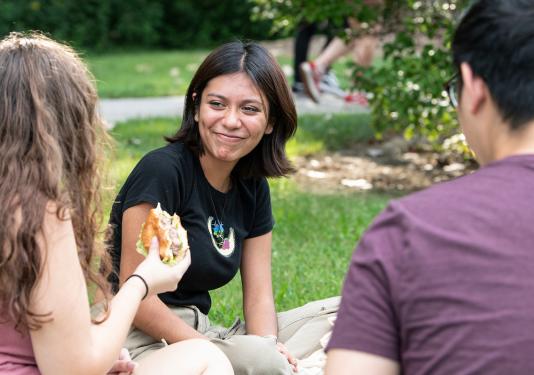 Students eating together outside.