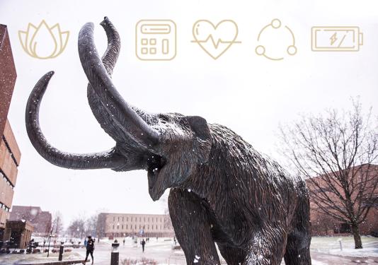 Mastodon sculpture in winter with Healthy Boiler Icons