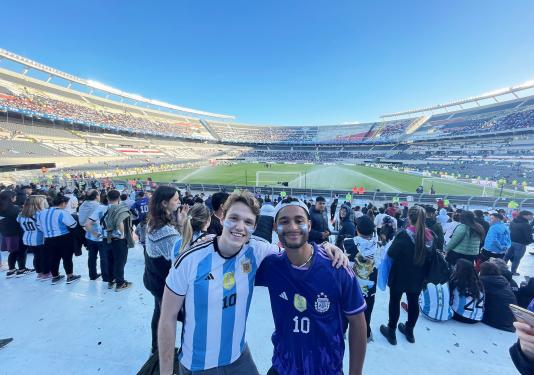 PFW senior Bobby Way (left) with his friend Tyell Gustavson from Utah State during the 2023 fall semester visiting River Plate Stadium in Buenos Aires, Argentina.