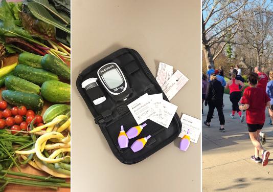 Trio of photos showing vegetables, glucose monitor and supplies, and people running and walking outdoors.