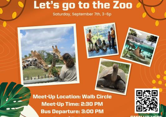 Orange background with 4 pictures.  One picture of giraffes, on eof a turtle, one of a stingray, and one of people looking through the glass at an animal.