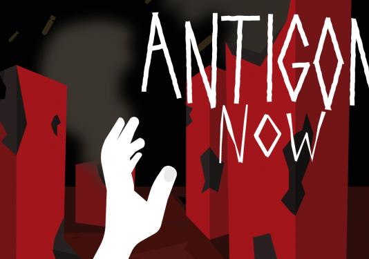 red poster with white hand reaching