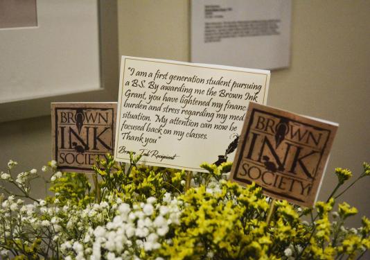 Table decorations at a Brown Ink Society event