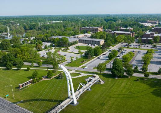 Aerial view of PFW campus near the Venderly Bridge.