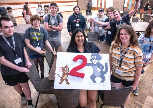 A group of students is engaging in a fun activity at NSO.