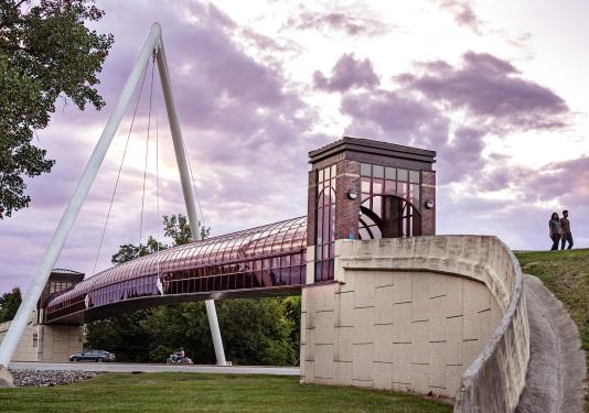 Students are walking across Wolf Bridge at sunset