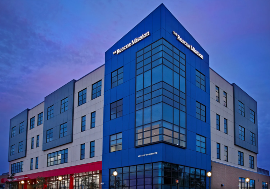Rescue Mission Building in the evening