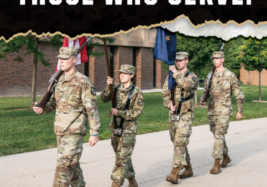 Image of service members carrying a flag. Text that reads the herd salutes those who serve. Military Appreciation Day