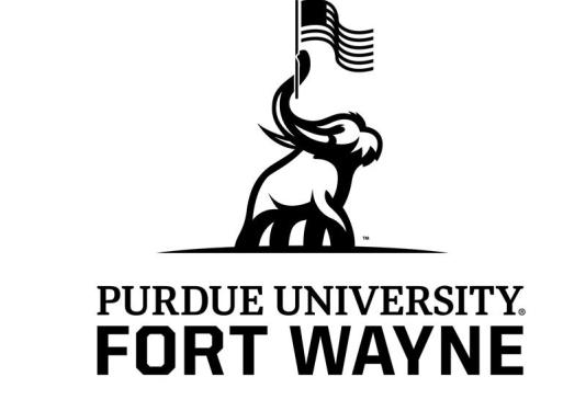 Mastodon holding a flag in his trunk with the words Purdue University Fort Wayne below 