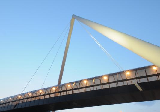Pedestrian bridge connecting student housing to main campus, a closeup shot.