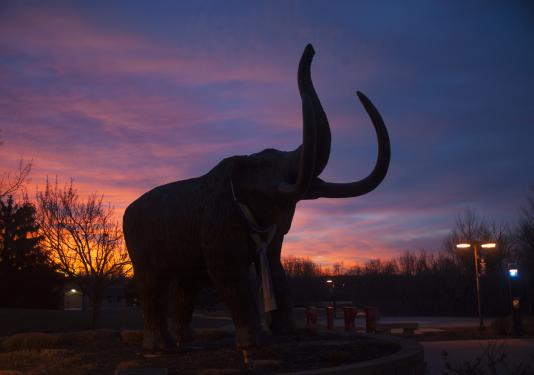 Bronze mastodon silhouetted in the evening sunset.
